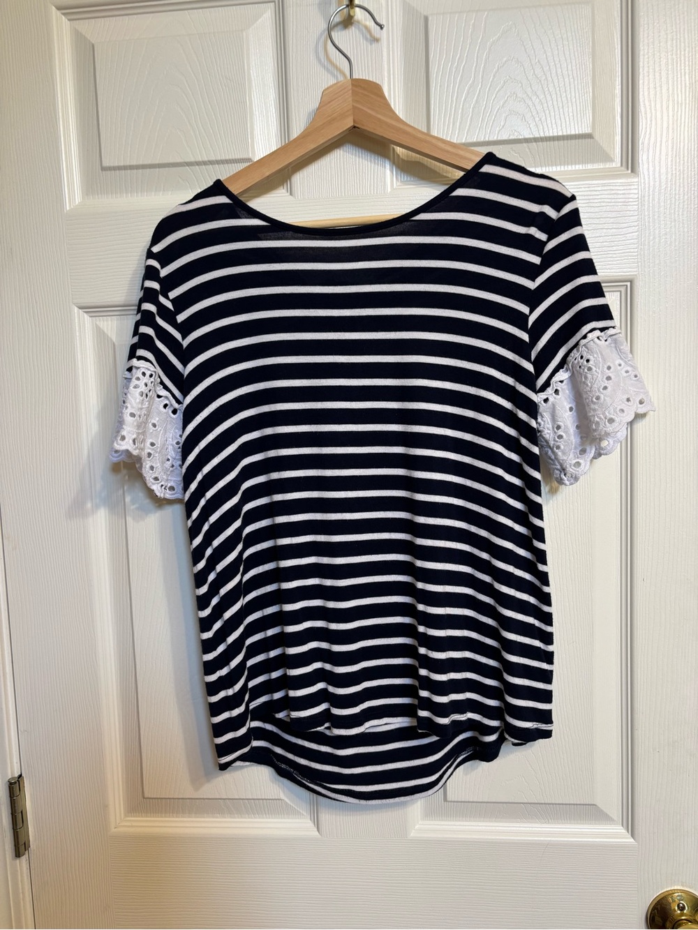 Maurices Navy and White Striped Tee with Eyelet Lace Sleeves